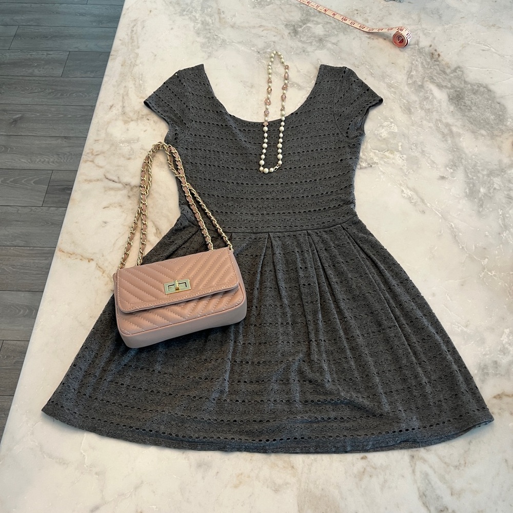 Aqua. gray dress.